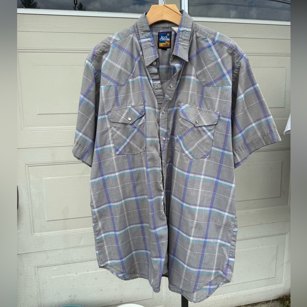 Vintage Rock Canyon short sleeve pearl snap plaid button up shirt grey men’s XL